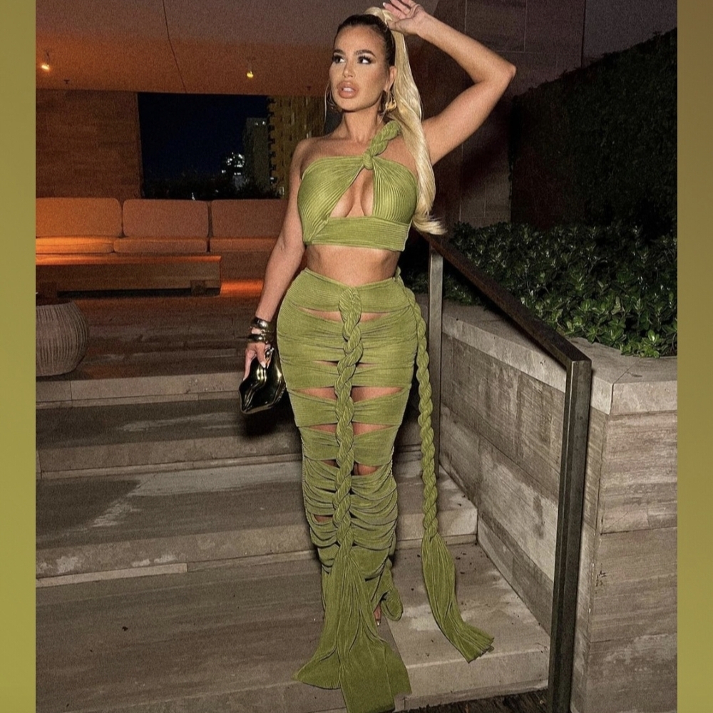 Women's Olive Green Distressed Braided Maxi Skirt & Top
